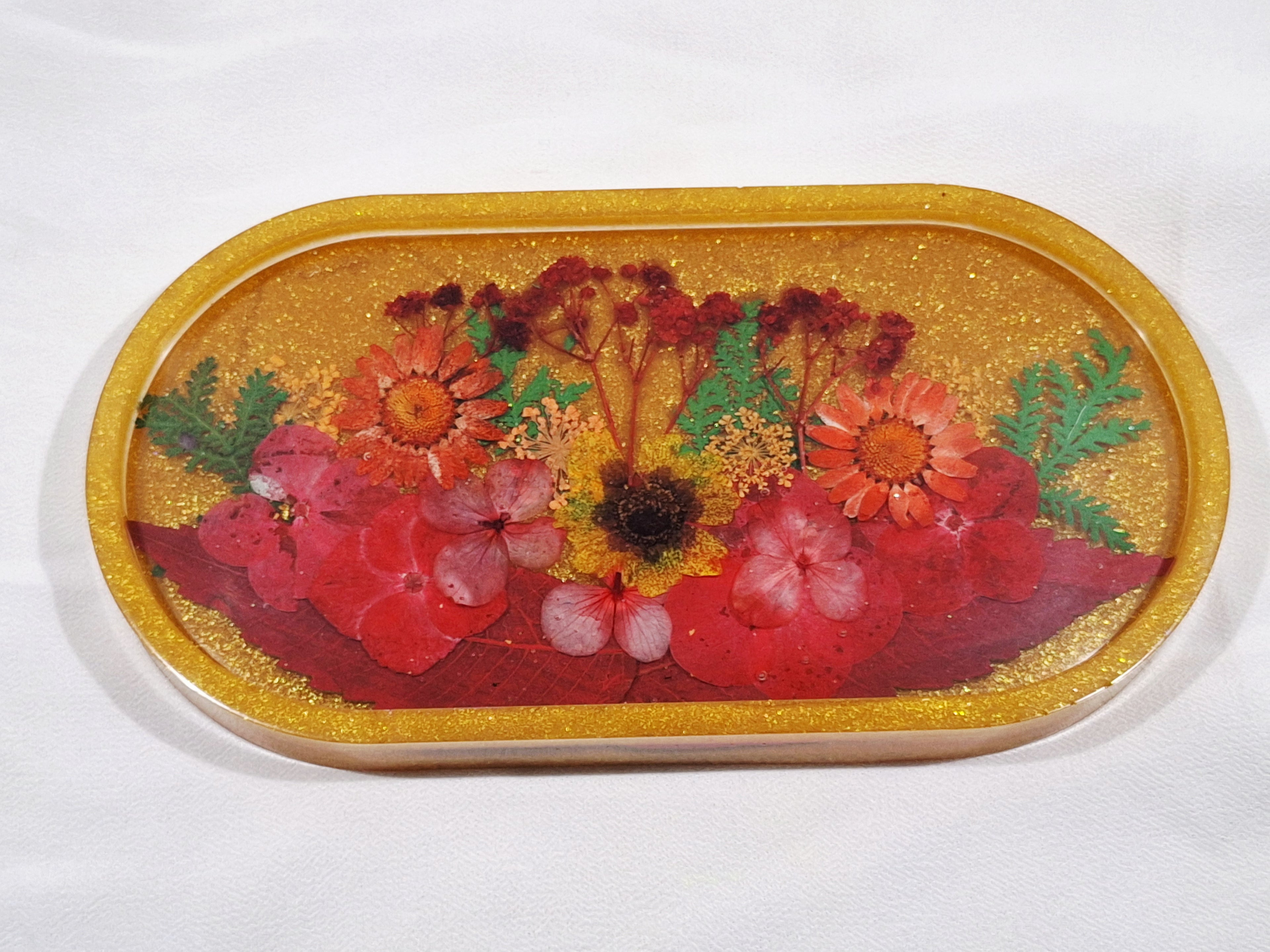 Gold w/ Red Dried Flowers Trinket Tray