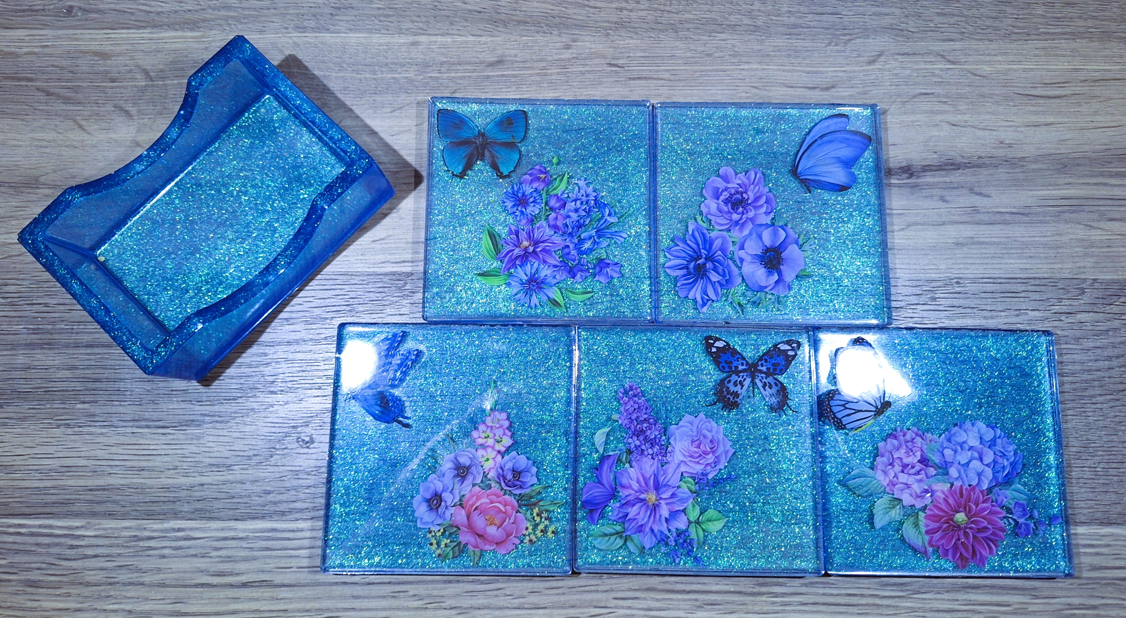 6pc Square Clear Blue Butterfly & Flower Coaster Set