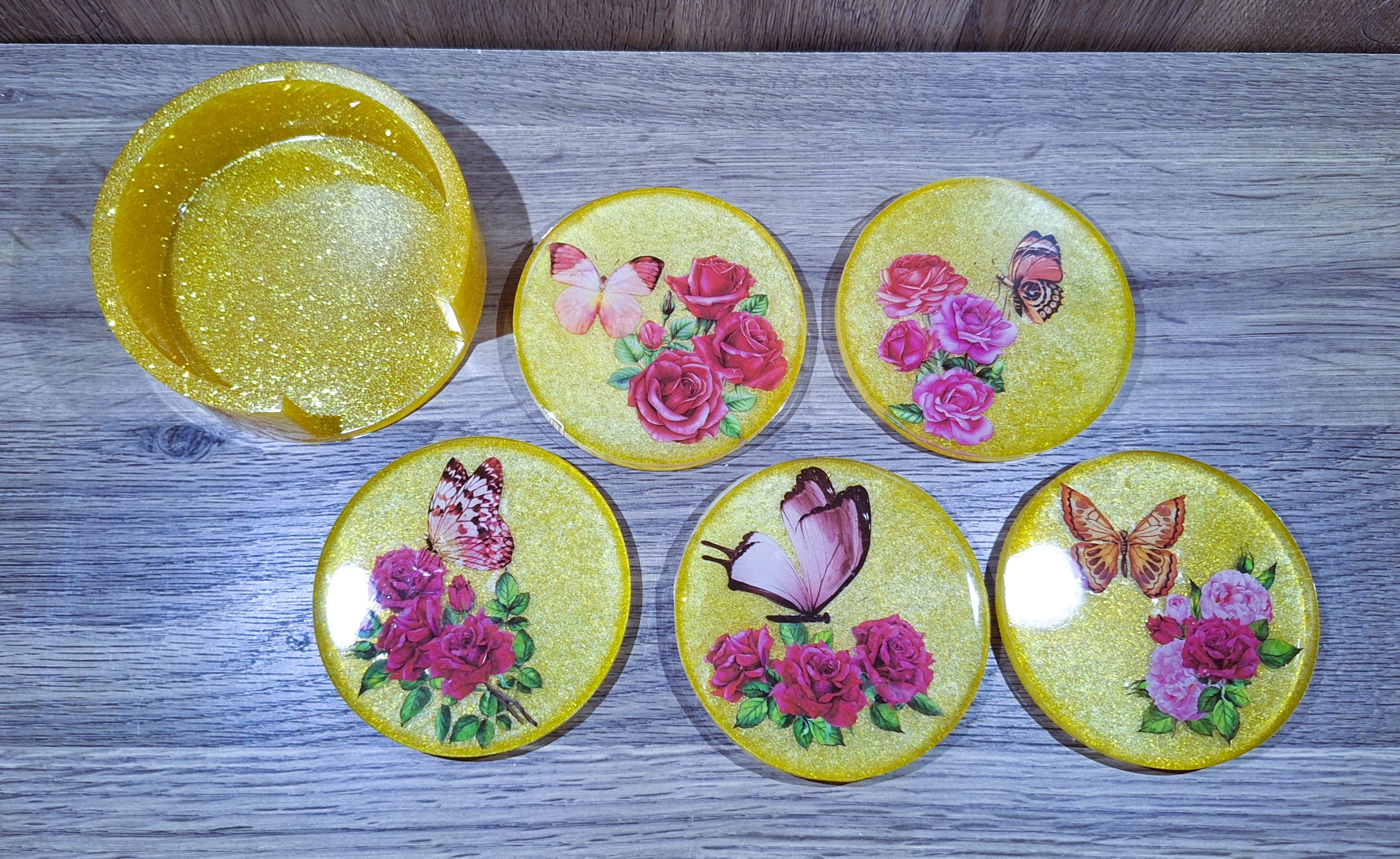 6pc Round Yellow Butterfly & Flower Coaster Set