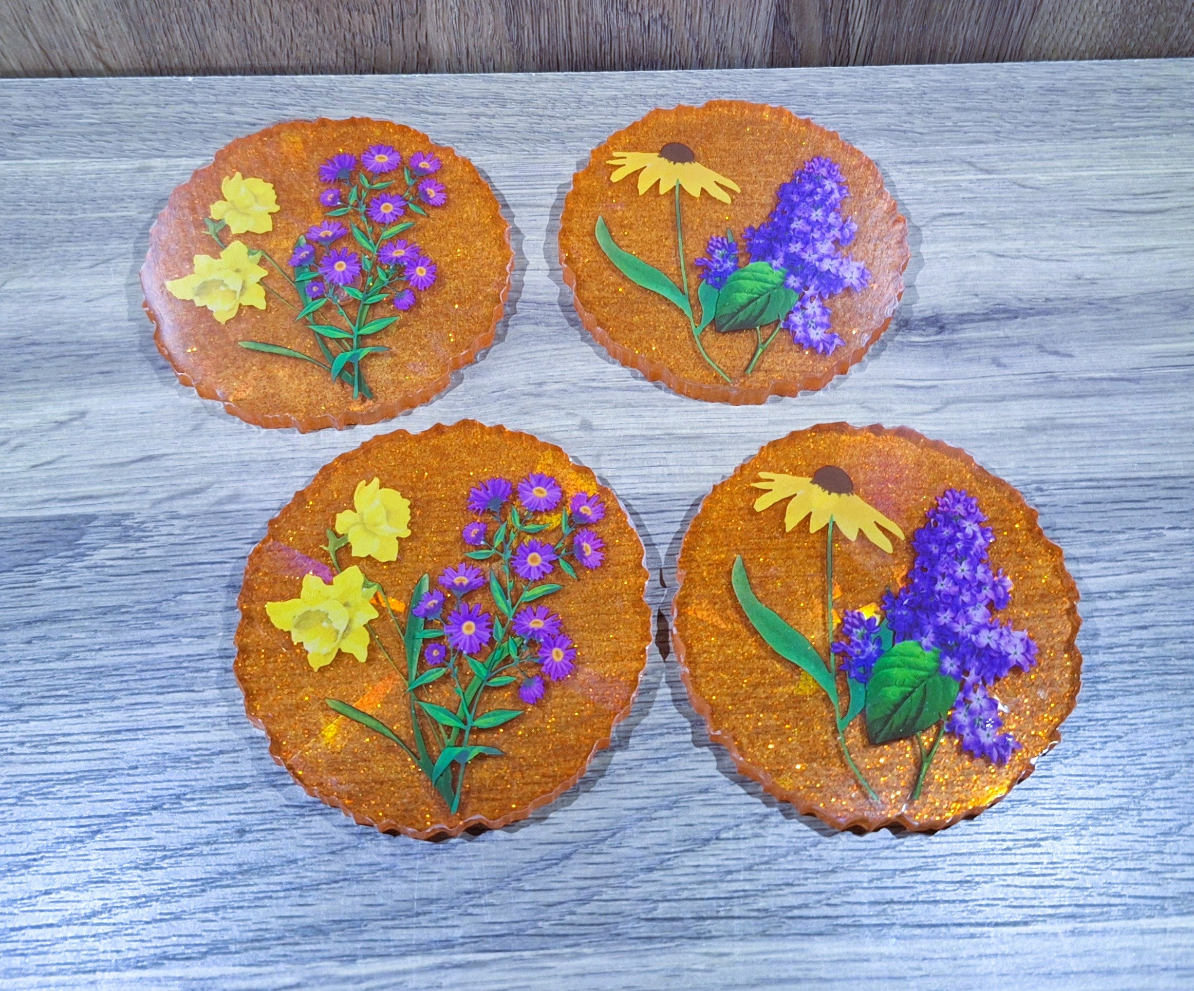 4pc Orange w/Flower Coaster Set