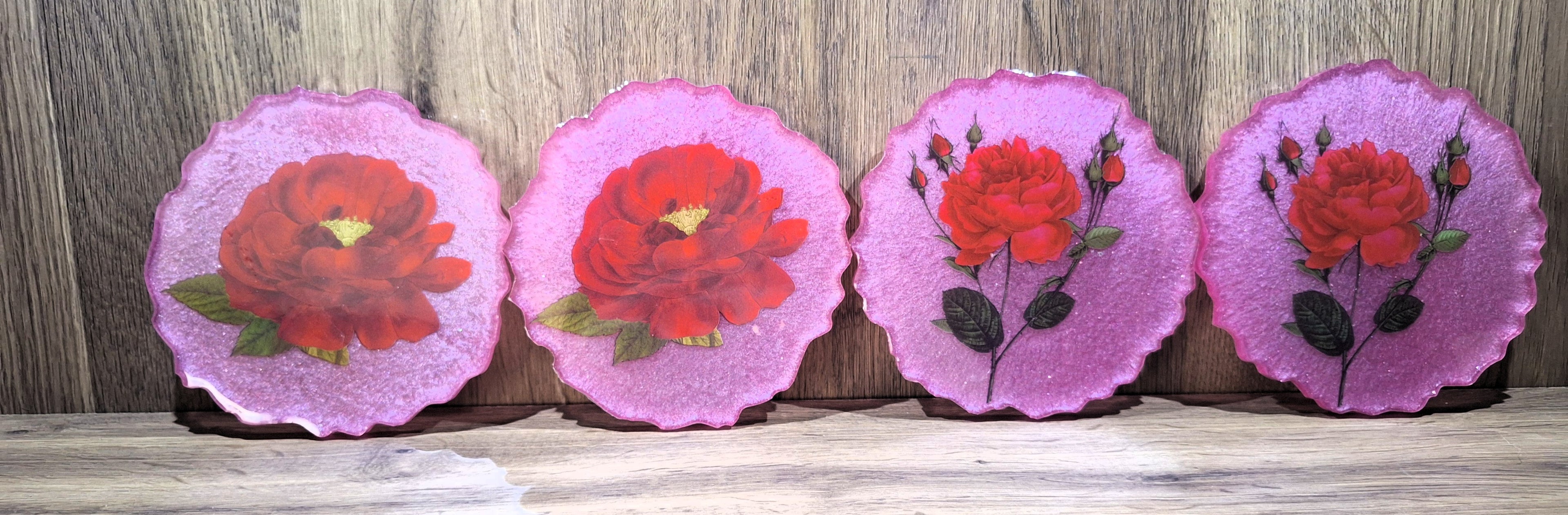 4pc Pink w/ Red Flowers Coaster Set