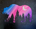 Artistic depiction of a bear silhouette with a pink and blue Aurora Borealis effect against a starry night sky.