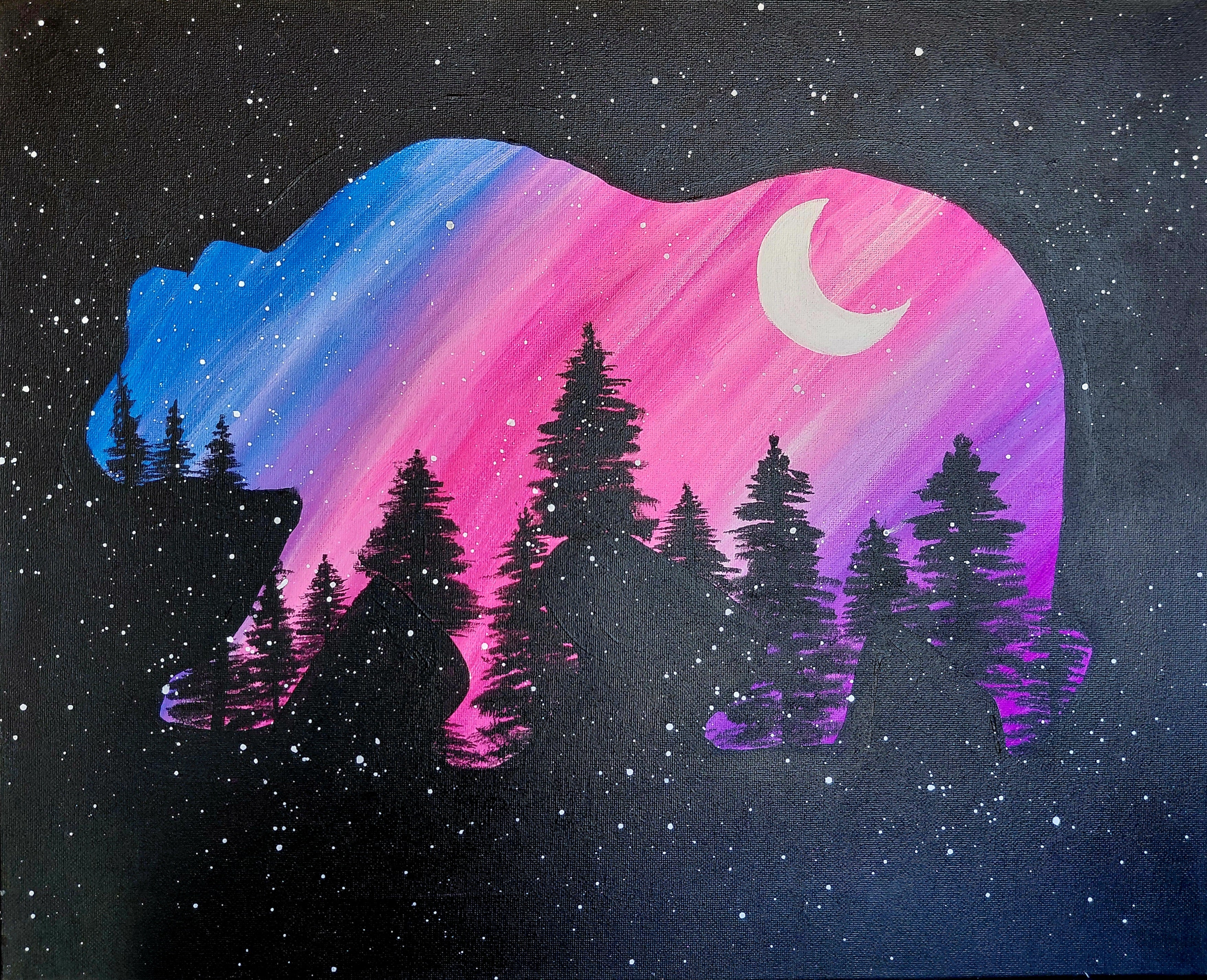 Artistic depiction of a bear silhouette with a pink and blue Aurora Borealis effect against a starry night sky.