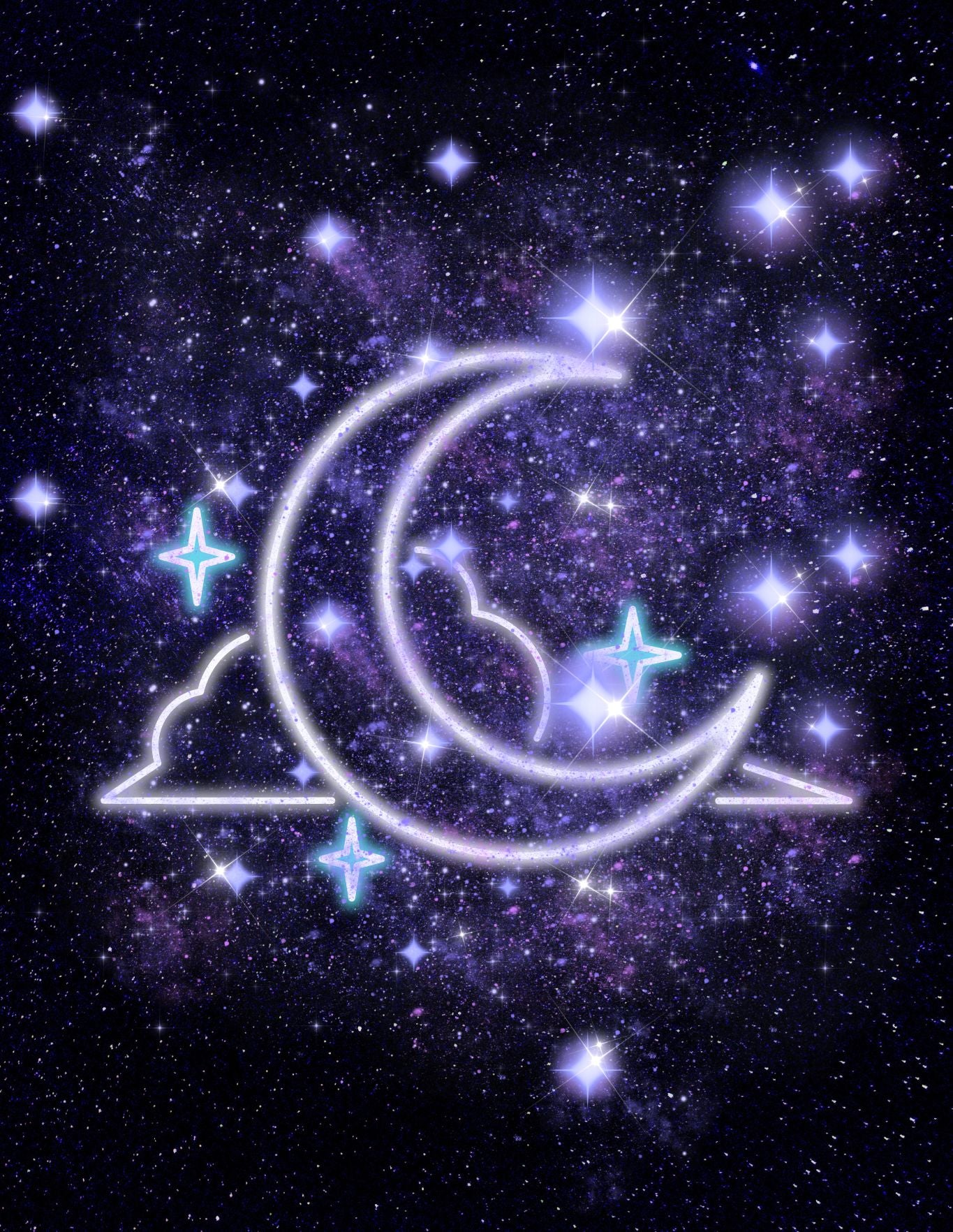 Neon moon and stars design on a starry night sky background