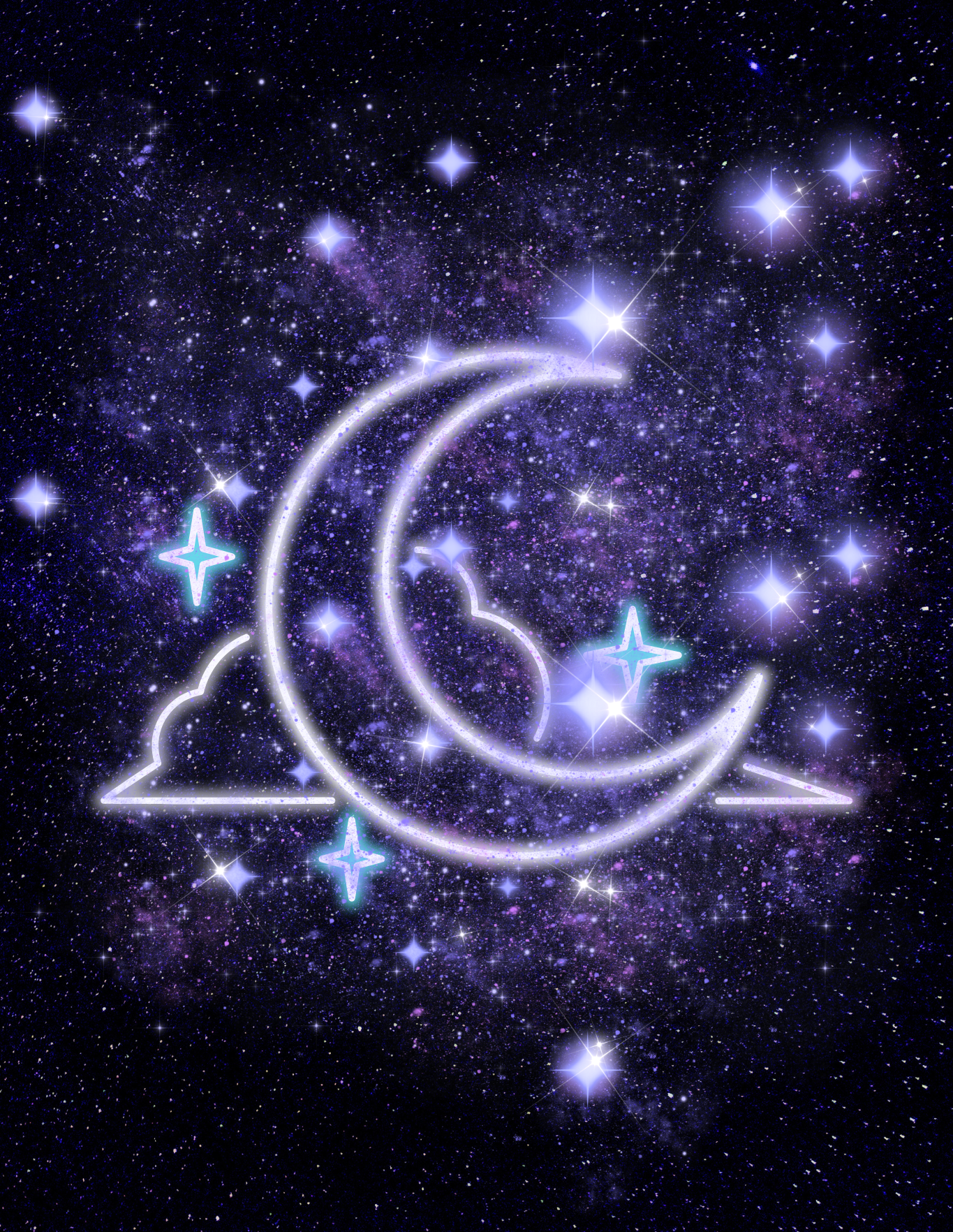 Neon moon and stars design on a starry night sky background