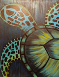 Custom made acrylic painting of a sea turtle. Colors used: Black, blues, greens, teal, and yellows! The background is a deep dark blue with black streaks to showcase as dark water. 