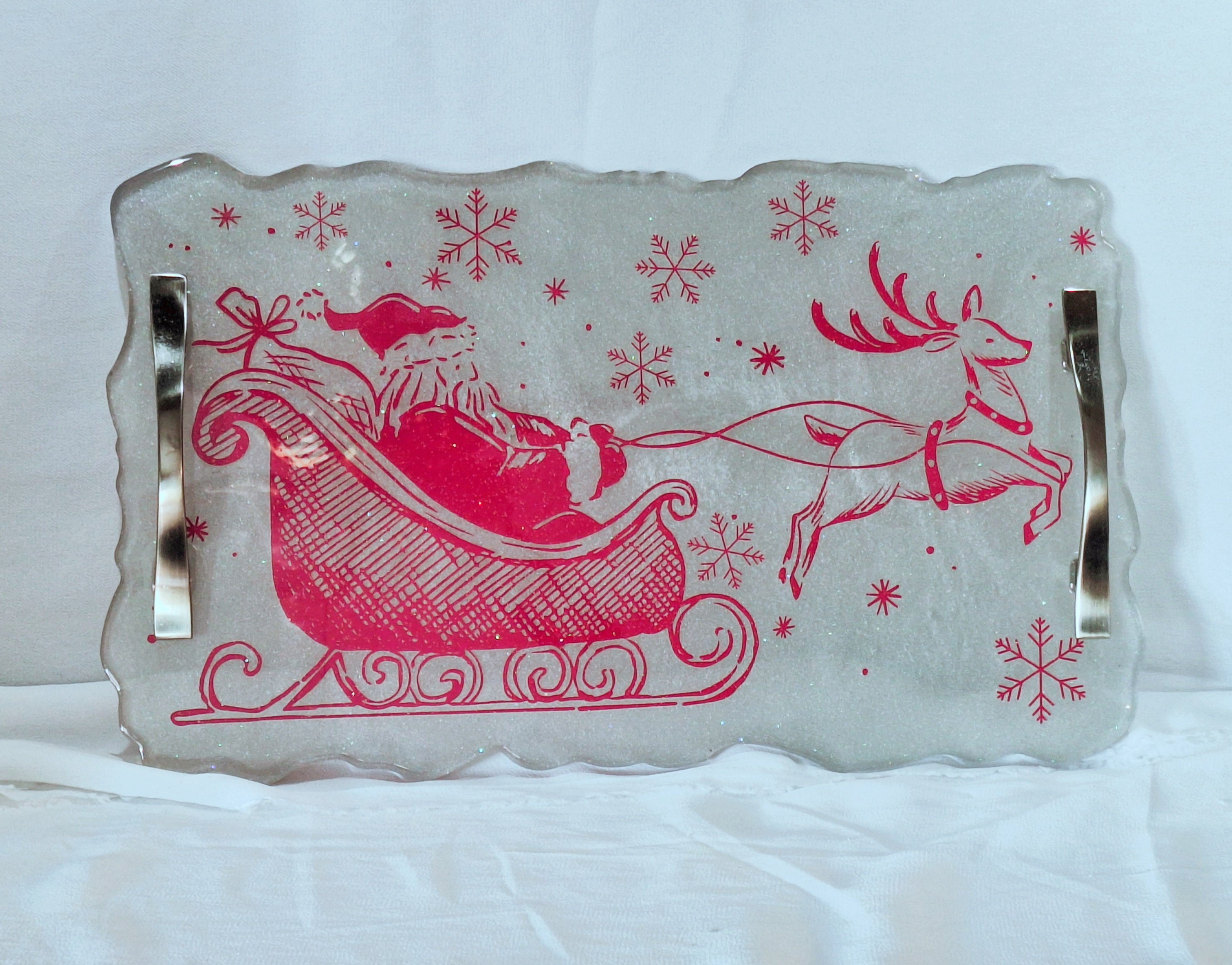Silver & Red Printed Christmas Tray